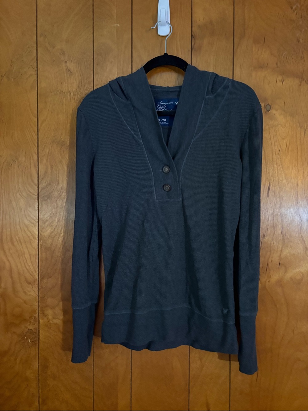 American Eagle Outfitters Women's Dark Charcoal Hooded Henley Sweater